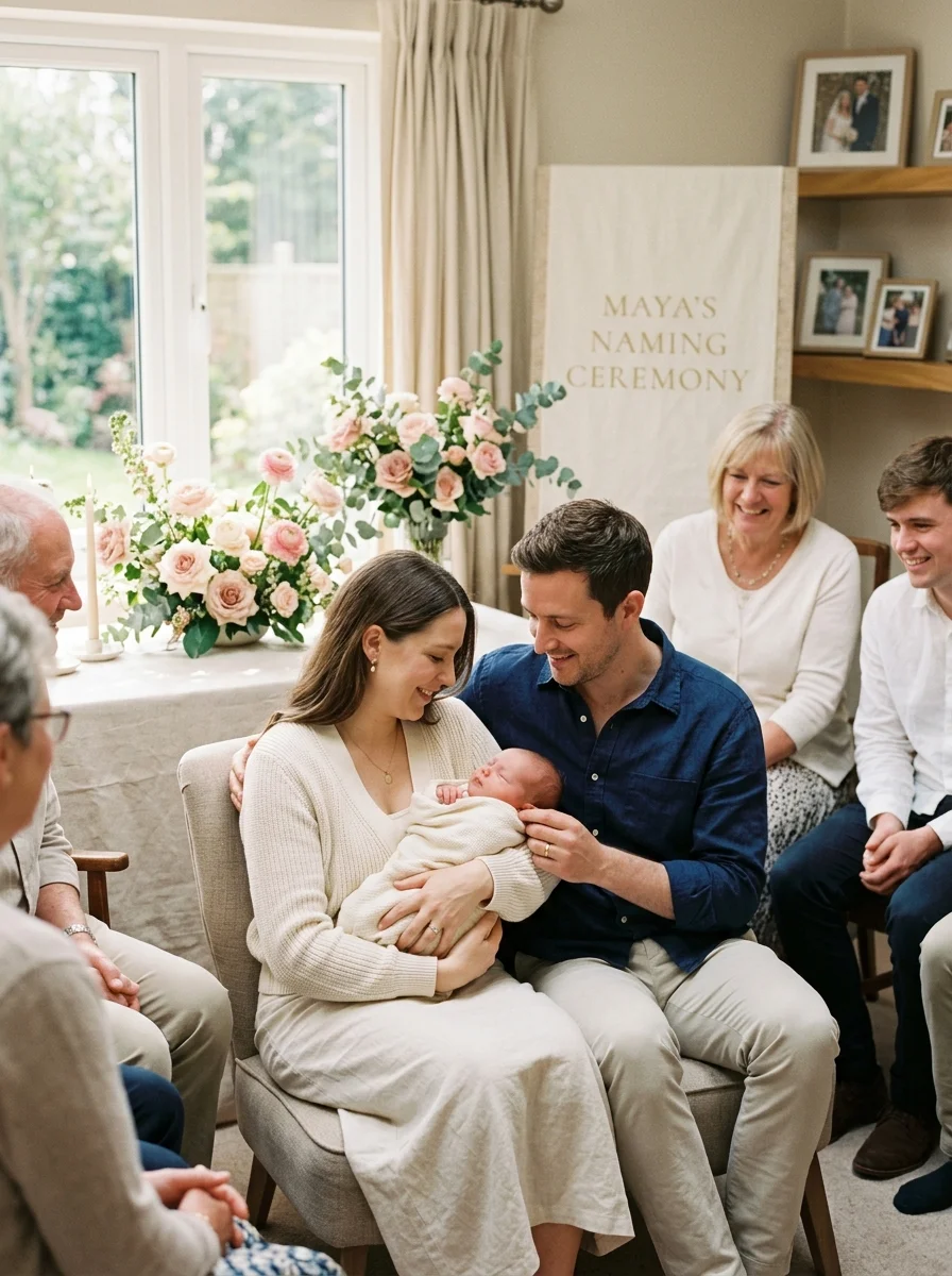 Family gathered around a new baby