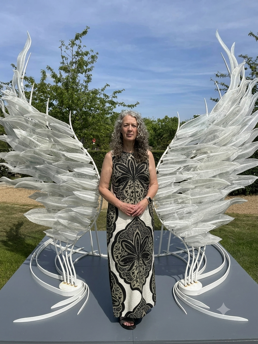 Lynn standing in front of white wing sculptures